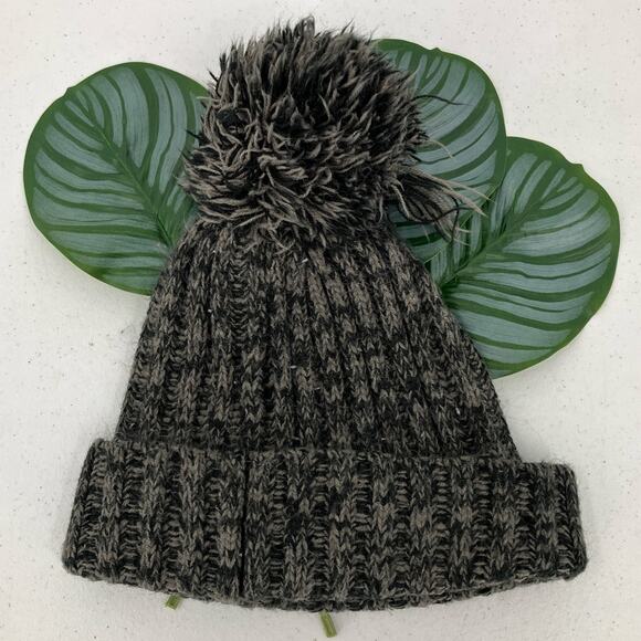 David & Young Gray Black Marble Ribbed Cuff Puff Pom Knit One Size Beanie Hat - Picture 3 of 6